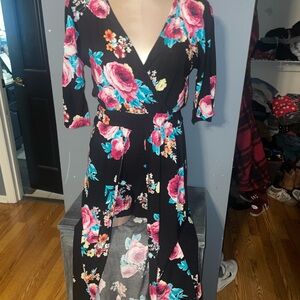 Blue and Pink High Low Wrap Sundress V-Neck